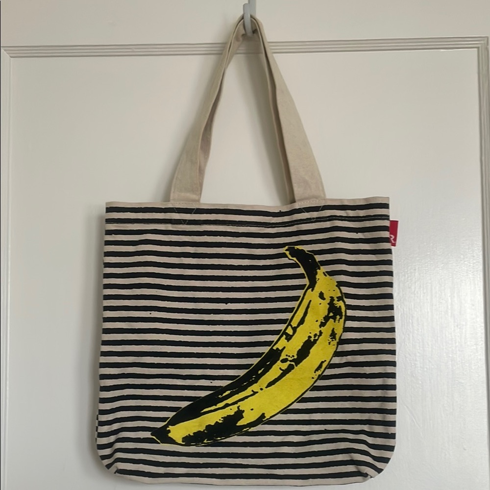Andy Warhol Striped Canvas Tote Bag with Yellow Banana Print from Japan